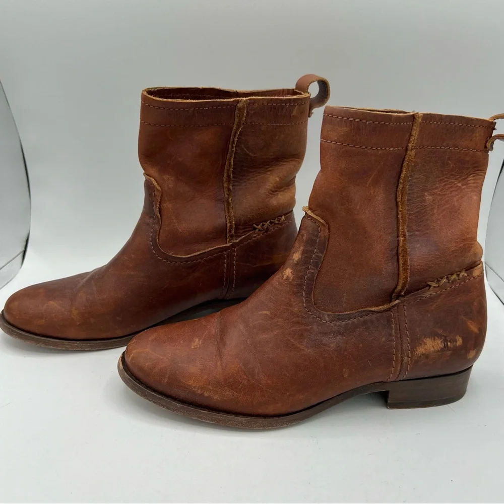 Frye Women's 78323 Cara‎ Short Campus Cognac Brown Leather Riding Boots Sz 6.5 B
